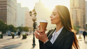 A businesswoman drinking coffee while walking in the street behind big buildings. Concept of happy city life. video