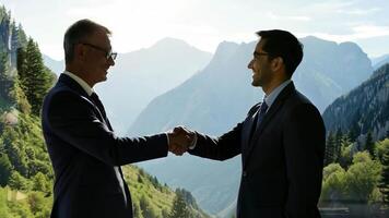Two businessmen shaking hands showing agreement on business and investment in mountain mining concession, mining investment concept video