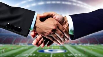 Close up hand Two Businessmen shake hands on a deal with view of Background of a large football field with many spectators video