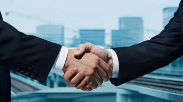 Two Businessmen shake hands on a deal with view Background of high-speed train running through video