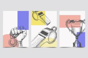 Set templates for sport games in graphic geometric style. Minimalistic card or poster design with whistle, cup, and medal in hand with copy space for text. concept for background banner, poster, card, vector