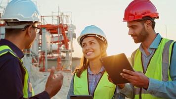 A group of engineers uses a tablet to open project consultations and discuss collaborative work at a construction site. video