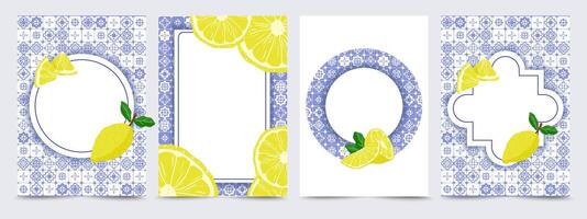 Card design Template with Lemon and Blue Tile with copy space for text. Mediterranean Invitation, background, pattern, bridal party in Coastal style vector