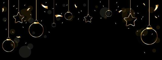 Falling Gold confetti and ribbon streamers falling on dark background with copy space for text. Merry Christmas and New year design template. vector