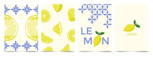 Lemon themed graphic designs with blue patterns of floral tiles on a light background. naive illustration of whole lemon, slice of lemon for background, card, invitation or poster a4 vector