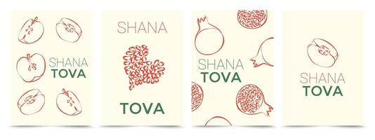 Rosh Hashanah greeting cards with apples and pomegranates on a light background. Festive holiday concept. Design elements on Jewish New Year for postcard, background, card, invitation or poster vector