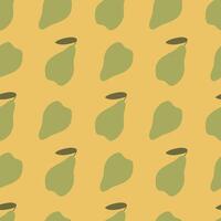 Pear seamless pattern. Green flat pear on a yellow background. Summer illustration for fabric, baby clothes, packaging, cover, background vector