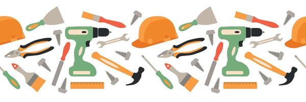 Building tools seamless border. Labor Day set. Isolated illustration in clip art style. vector