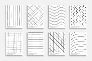 Collection of black and white hand drawn modern striped covers, templates, placards, brochures, banners, flyers etc. Art drawing monochrome backgrounds, postcards, posters, invitation with lines print vector