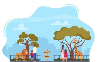 Lion and giraffe on territory of zoo park surrounded by fence. Parents and kids watching animals in zoo park. illustration. vector