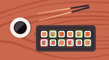 Sushi on wooden board with sushi chopsticks and soy sauce. Sushi illustration with trout fish, salmon and caviar. Sushi set. illustration. vector