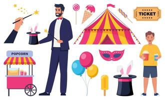 Magician demonstrating trick and taking rabbit out of top hat. Circus tent, ticket, mask, balloons, happy kid with popcorn. Set of elements on circus theme. illustration. vector