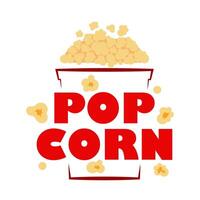 POPCORN logo. Popcorn text with pop corn snack icon. Red color. Graphic design for pop corn pack. Fast food Exploding label for bucket. . vector