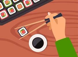 Sushi on wooden board with sushi chopsticks and soy sauce. Hand holds chopsticks with sushi. Hand holds bamboo sticks. Sushi illustration with trout fish, salmon and caviar. illustration. vector