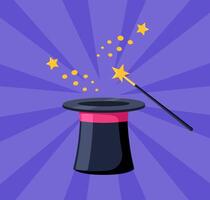 Magician hat and magic wand icon on violet background. Simple illustration. vector