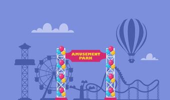 Amusement park composition with outdoor scenery and view of entrance gate, rollercoaster and ferris wheel. illustration. vector