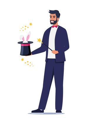 Illusionist, magician demonstrating trick and taking rabbit out of top hat. Concept of stage magic performance, magical illusion. illustration for banner, poster.