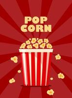 Popcorn bucket, realistic pop corn container. White and red bucket with flying out snack seeds. Striped paper box with popcorn. illustration. vector