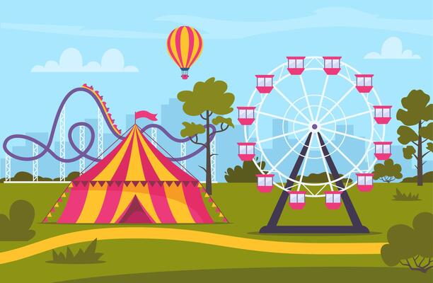 Amusement park composition with outdoor scenery and view of circus, rollercoaster and ferris wheel. illustration.