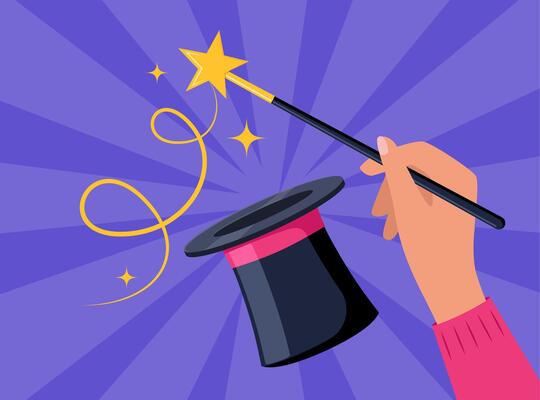 Hand holding magic wand. Sparks of stars over a magical black hat. Magician performs tricks, focus and illusions. Show entertainment. illustration.