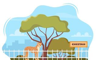 Cheetah on territory of wildlife zoo park surrounded by fence. illustration. vector