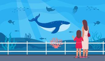 Parent and kid watching underwater scenery with sea animals in oceanarium. Underwater fauna with fish, seaweed, whale, jellyfish. Marine world representatives. Oceanarium visitors. . vector