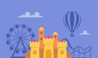 Amusement park composition with outdoor scenery and view of Fairytale castle, rollercoaster and ferris wheel. illustration. vector