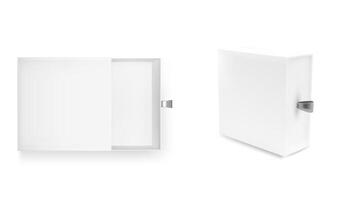 White slide box mockup. Cardboard drawer gift package design set. 3d open and close paper matchbox for retail presentation. Realistic pull or sliding packaging illustration. Top view jewelry case vector