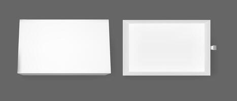 Gift slide box mockup. White open cardboard drawer package 3d mock up. Rectangle matchbox with ribbon. Blank realistic presentation pull matchbook packaging layout. Empty inner wrapper top view vector