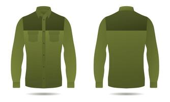 Army green long sleeve button down shirt mockup front and back view vector