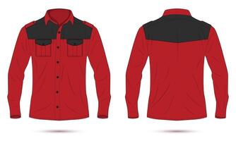Red and black long sleeve button down work shirt mockup front and back view vector