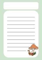 A template for notes with a forest-themed design, featuring mushrooms, berries, and leaves. Create a notebook. vector