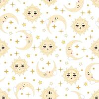 Seamless pattern featuring the sun, moon, and stars against a white background. A children's pattern. vector