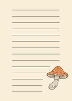 A template for notes with a forest-themed design, featuring mushrooms. The design of the notebook is inspired by the beauty of nature. vector