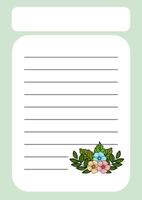 A template for notes with a forest theme, featuring flowers and leaves. Creating a notebook. vector