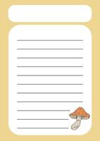 A template for notes with a forest-themed design, featuring mushrooms. The design of the notebook is inspired by the beauty of nature. vector