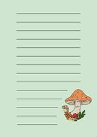 A template for notes with a forest-themed design, featuring mushrooms, berries, and leaves. Create a notebook. vector