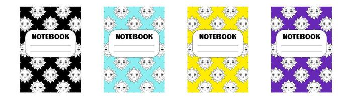 A set of notebook covers with the image of the sun on them. Each cover has a label for you to write on. vector
