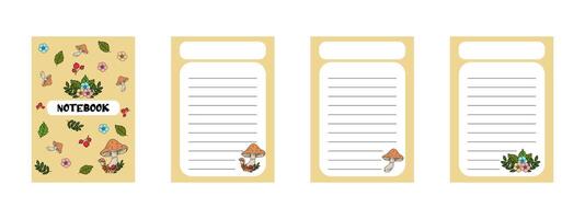 A collection of templates for note-taking with a forest theme, featuring flowers, berries, mushrooms, and leaves. Creating a notebook. vector