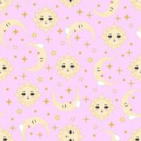 A seamless pattern featuring the sun, moon, and stars on a pink background, designed for children. vector