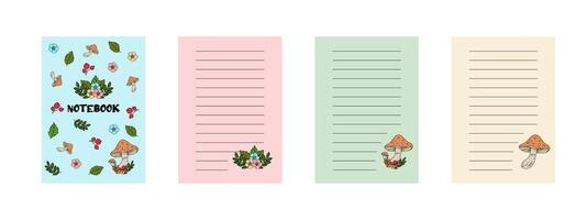 A collection of templates for note-taking with a forest theme, featuring flowers, berries, mushrooms, and leaves. Creating a notebook. vector