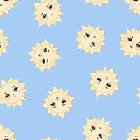 A seamless pattern featuring the sun against a blue backdrop. This is a children's pattern. vector