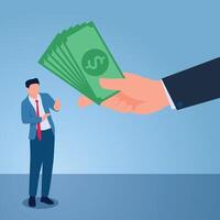 The man avoids refusing the money given by the big hand of his boss, illustration of refusing a bribe. vector