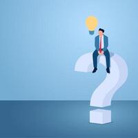 A man sits on a big question mark and gets an idea lamp, illustration for inspiration. vector