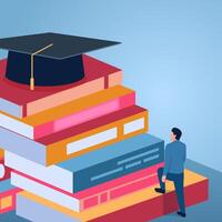 A man climbs a ladder made of books towards a graduation cap, illustration for knowledge. vector