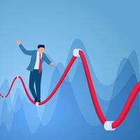 A man walks cautiously on a tightrope as the graph rises and falls, an illustration of volatility. vector