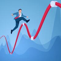 A man jumps over a graphic rope that goes up and down, an illustration of instability. vector