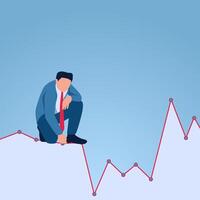 A man squats analyzing a stock chart that goes up and down, an illustration of volatility. vector