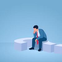 A man propping his chin sits on a question mark, an illustration for uncertainty. vector