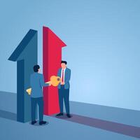 Man handing key to another person and two arrows coming together, illustration for acquisition. vector